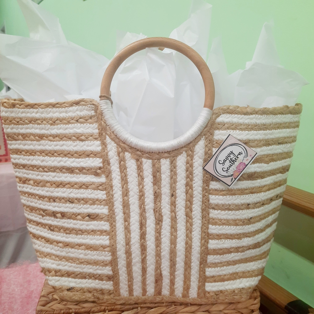 New Tan & White Woven Jute Tote Bag - Round Wood Handles - Stylush Summer Tote